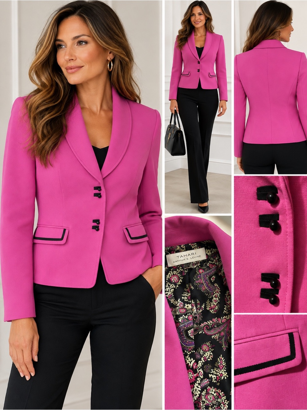 Tahari Arthur S. Levine Pink Blazer Size 12 Black Trim Paisley Lined